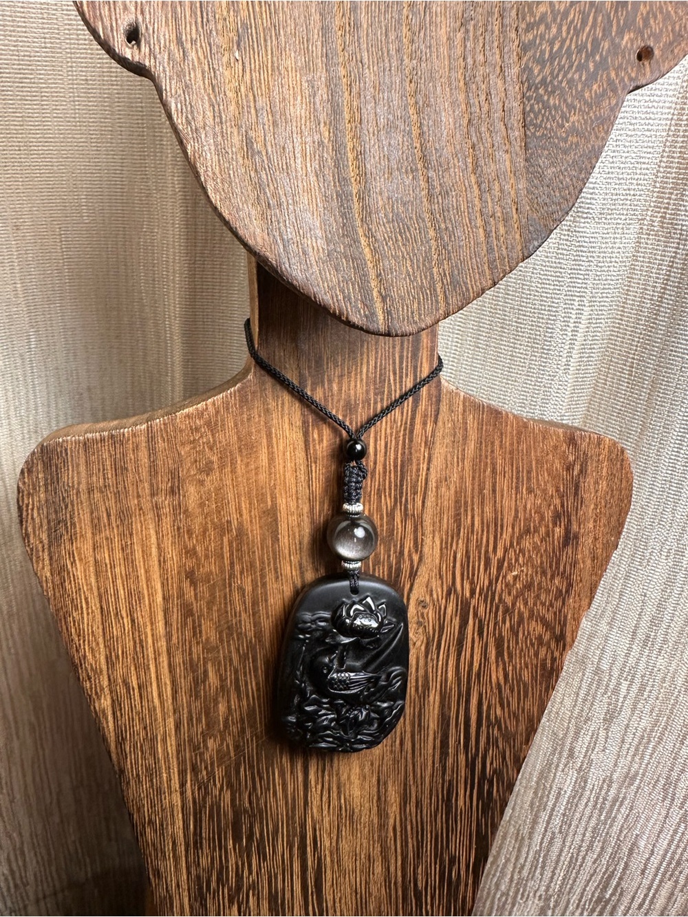 Obsidian Bird and Lotus Carving Pendant Necklace on Black Adjustable Rope - Picture 8 of 10